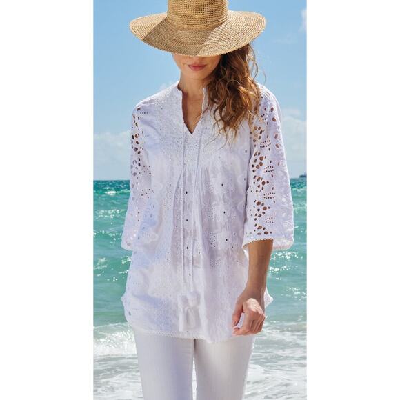 Cino Vintage Maui Tunic Size XS White Sequin Eyelet Cover Up - Picture 5 of 13